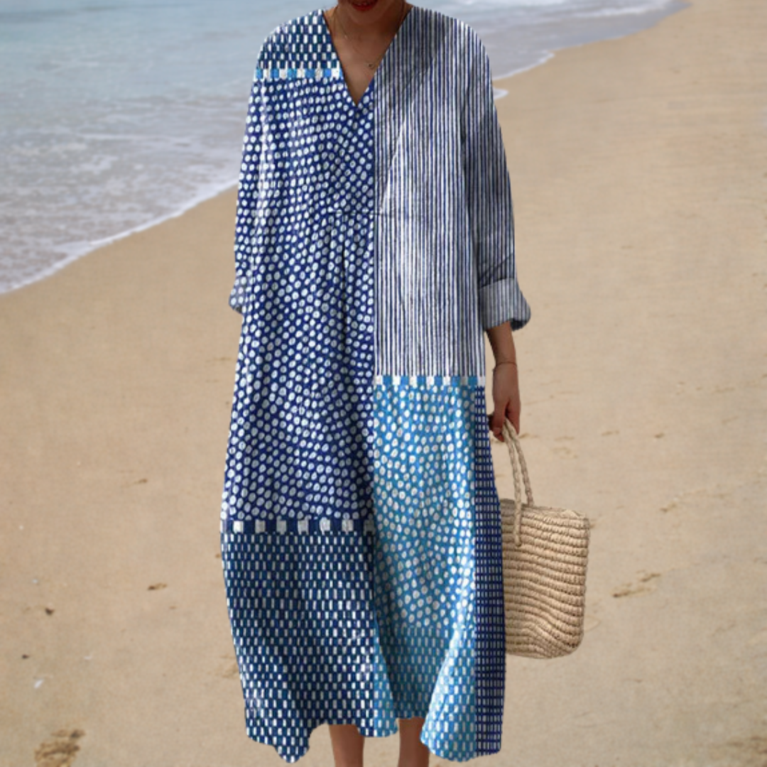 Polka Dot Striped Patchwork V-Neck Long Sleeve Maxi Shirt Dress