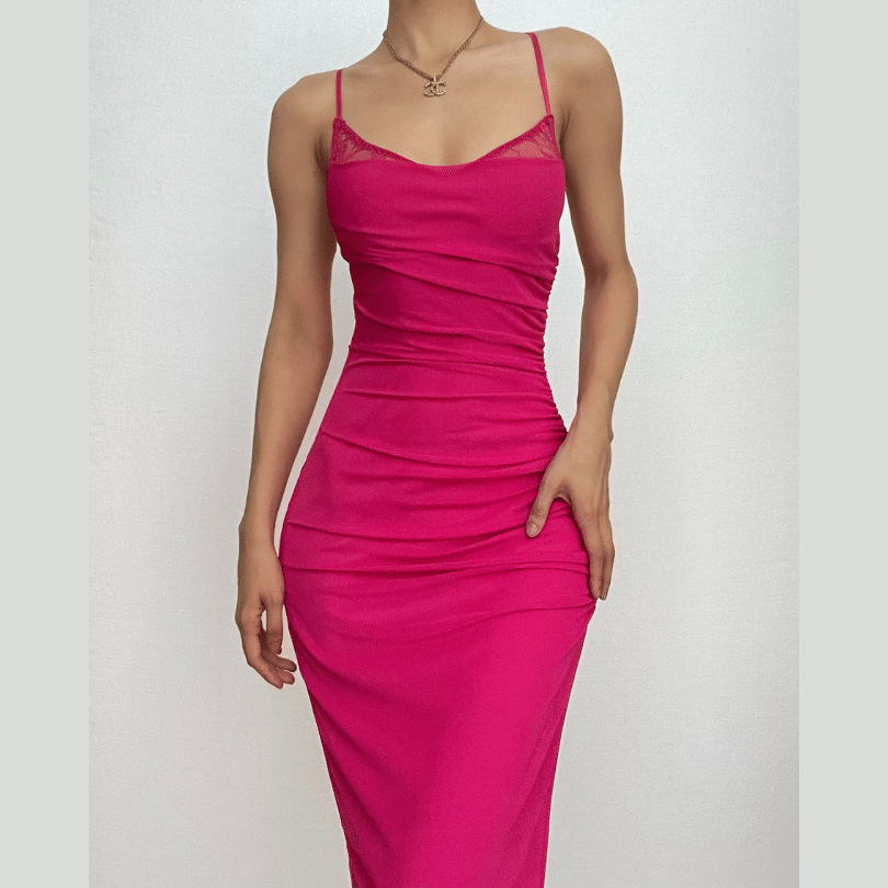 Lace Trim Spaghetti Strap Ruched Bodycon Midi Dress