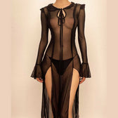 Slit flared sleeve sheer mesh see through u neck low cut maxi dress 2