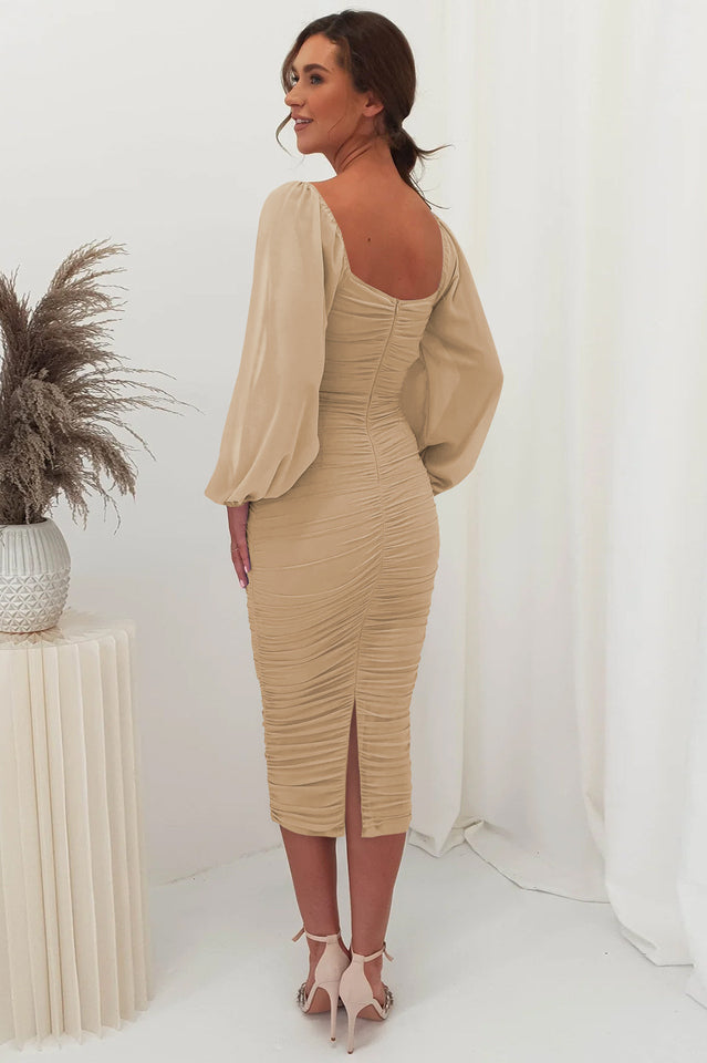 Square Neck Sheer Mesh Long Sleeve Ruched Bodycon Midi Dress 25