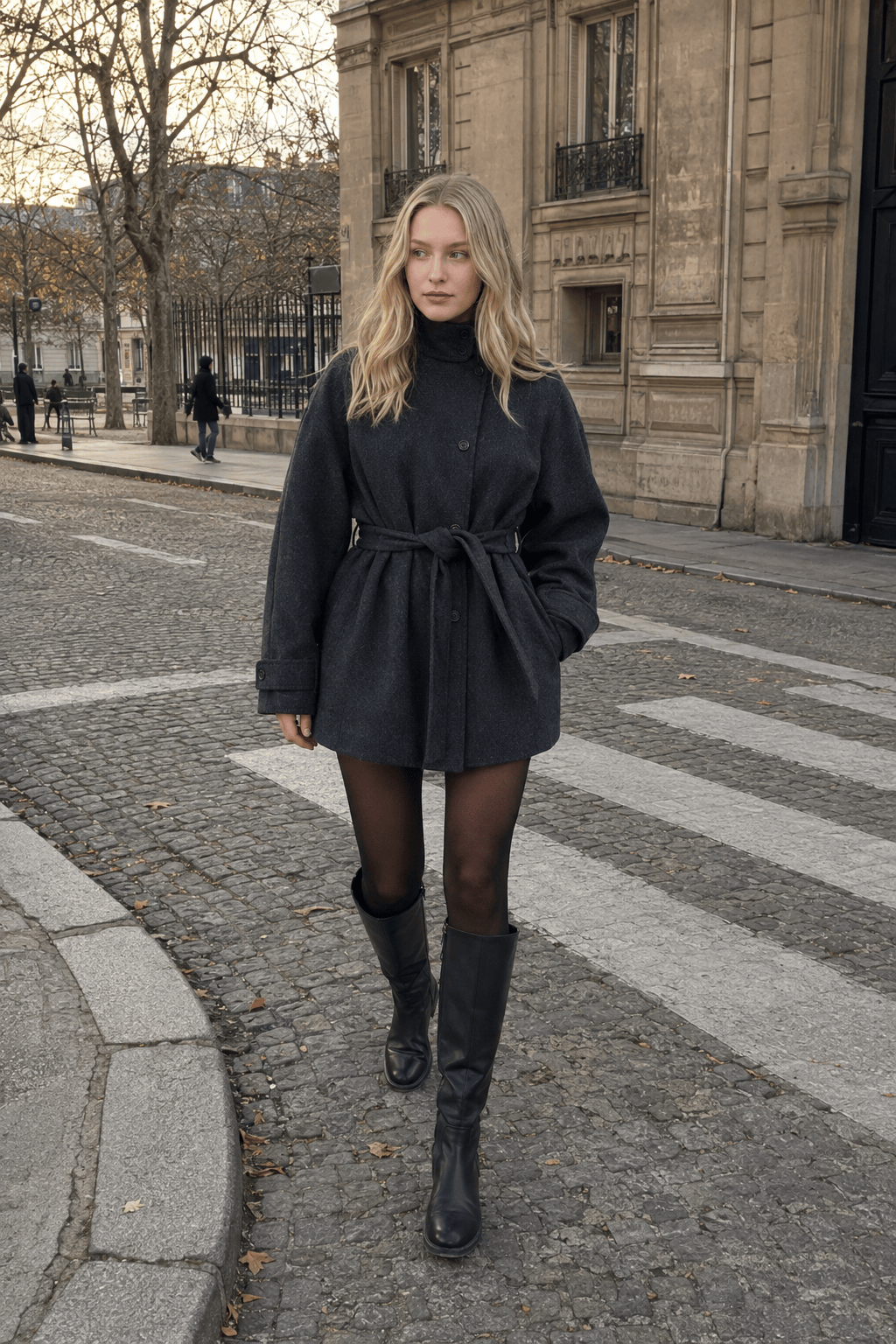 Fashion High Neck With Belt Woolen Overcoats