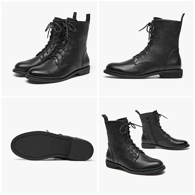 Ankle Boots Women Genuine Cow Leather Waxing Round Toe Lace Up Zip Fashion Motorcycle Female Shoes Handmade