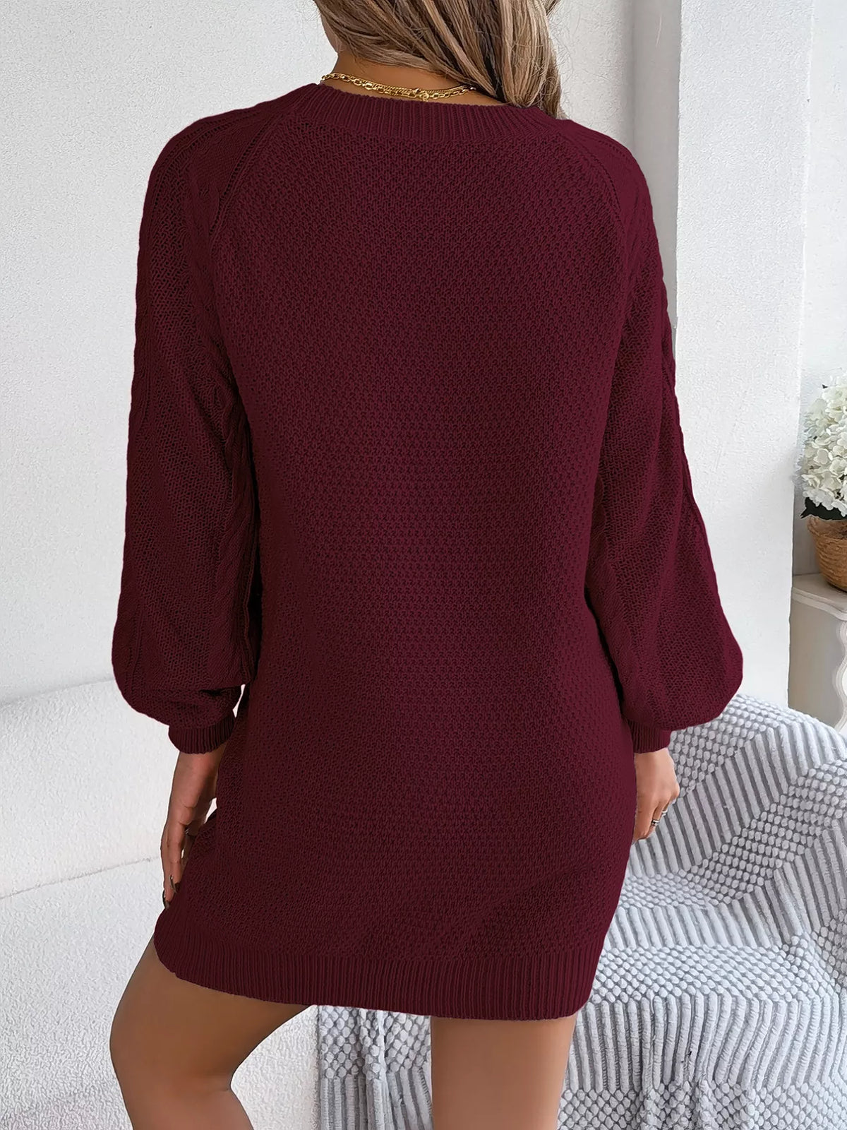 Diamond Cable Knit Crew Neck Long Sleeve Mini Sweater Dress 11