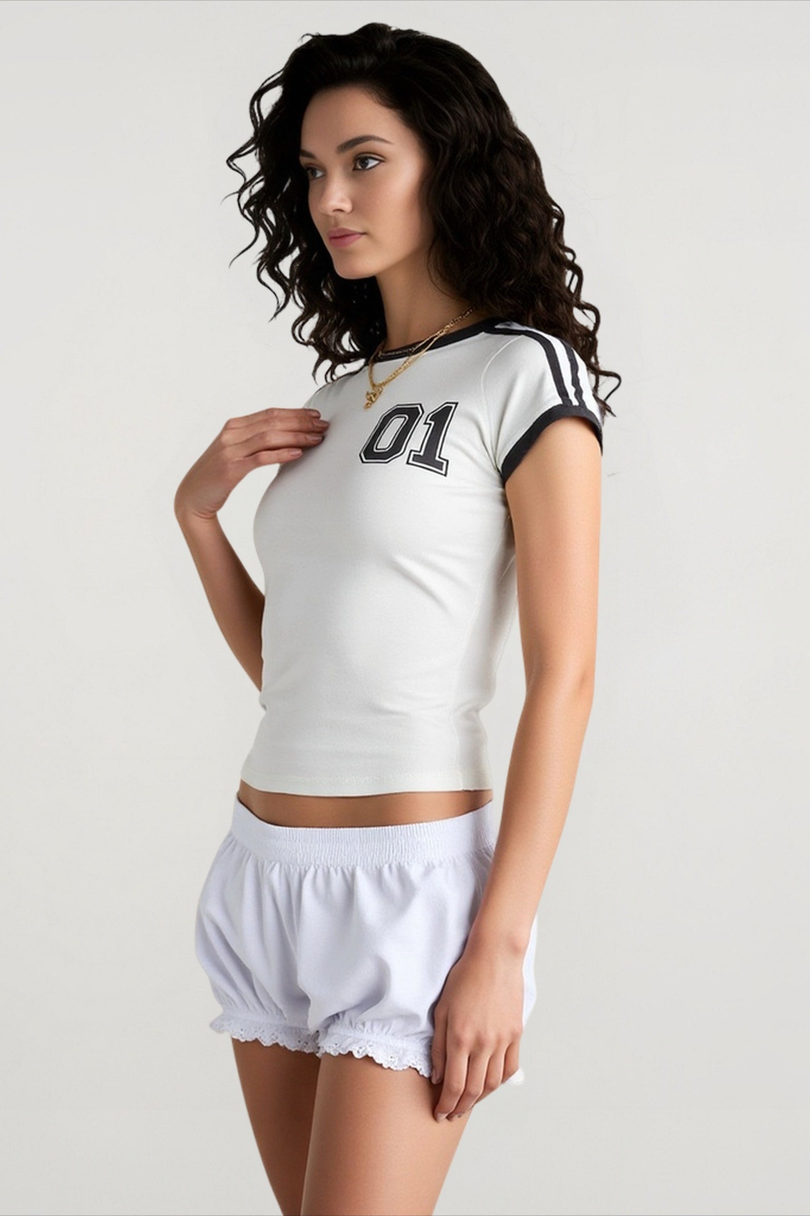 Number Print White Fitted Top