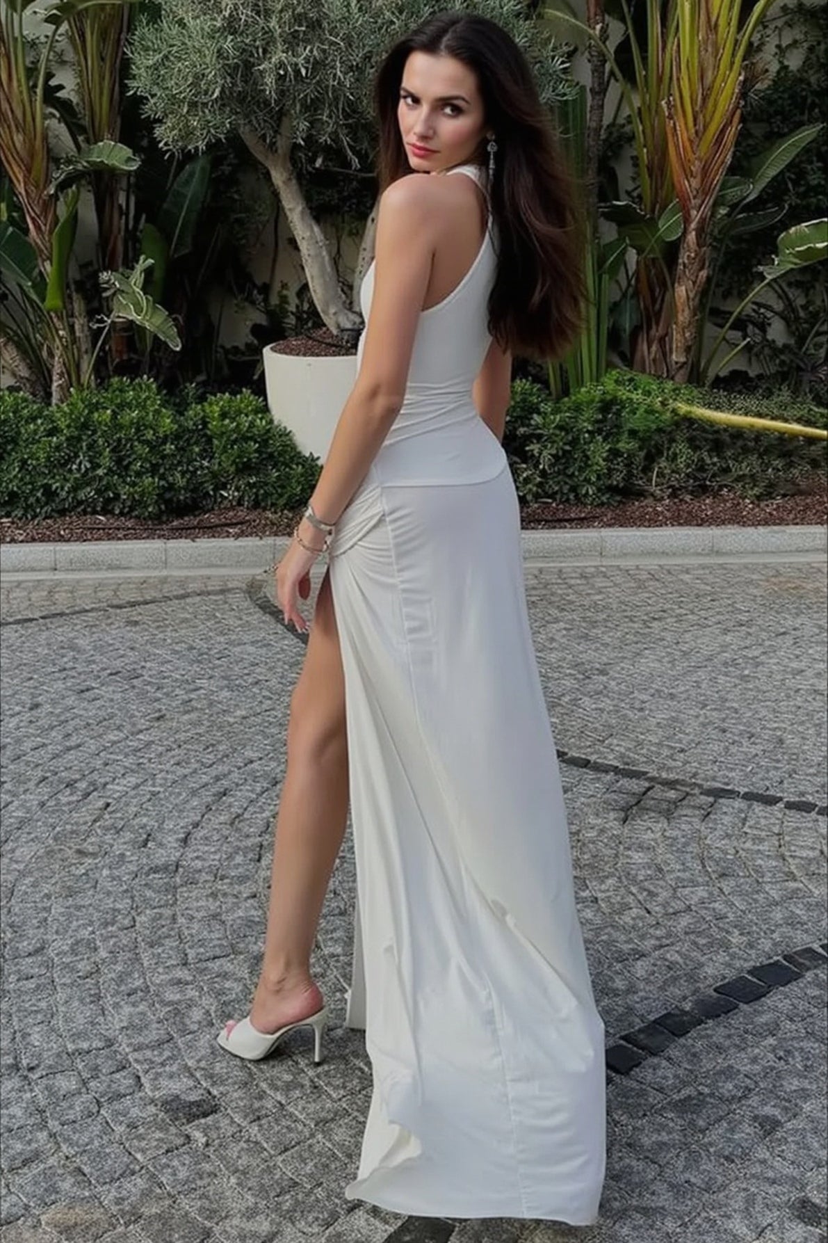 Sexy Solid Fitted High Slit Ruched Sleeveless Party Dress 8