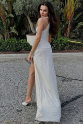 Sexy Solid Fitted High Slit Ruched Sleeveless Party Dress 8