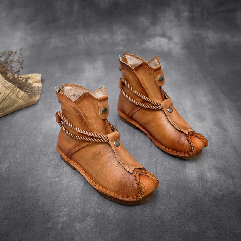 National Style Leather Short Boots For Women Rope Decoration Green/Brown