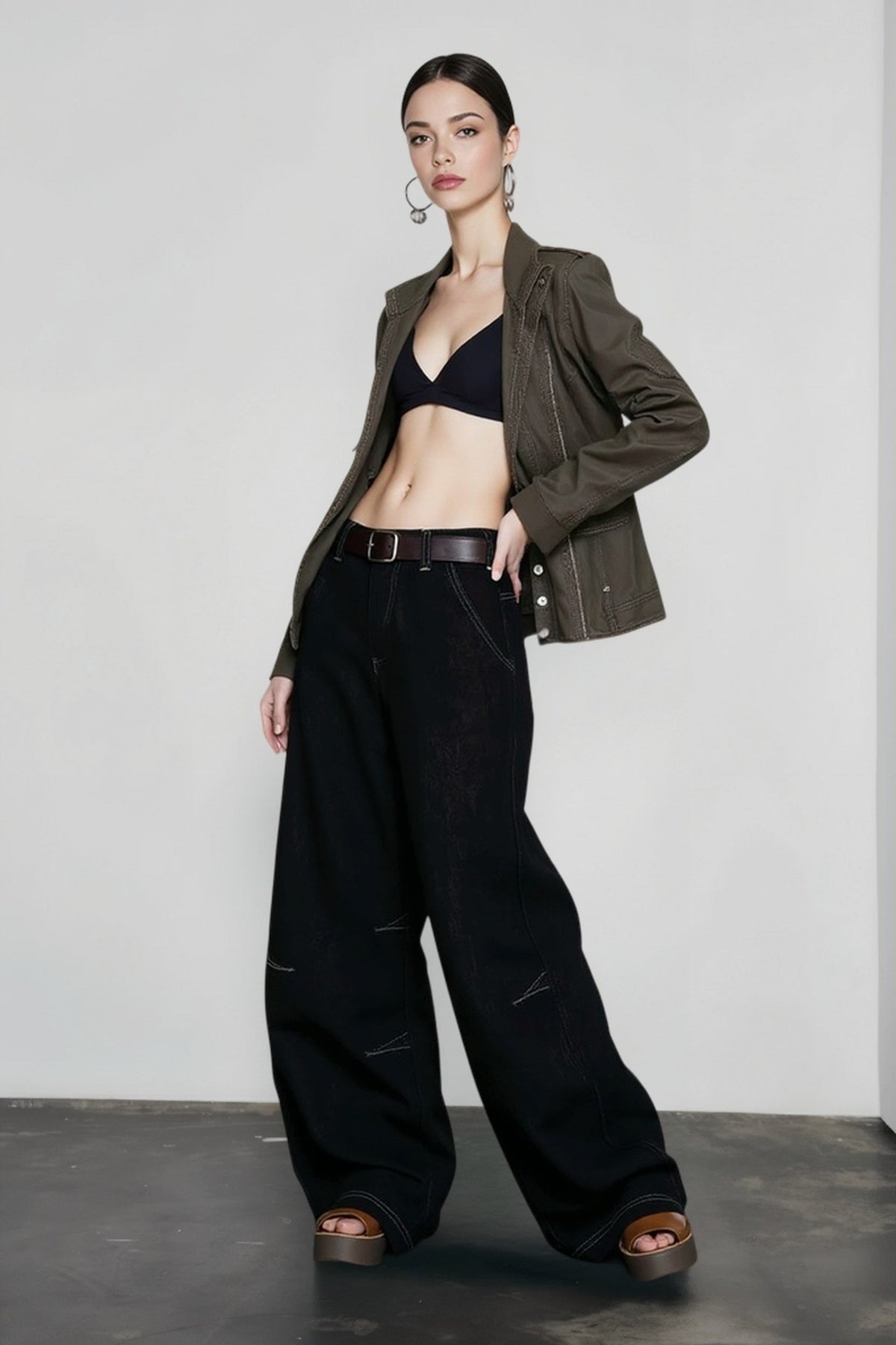 Low Rise Contrast Stitch Baggy Wide Leg Jeans 3