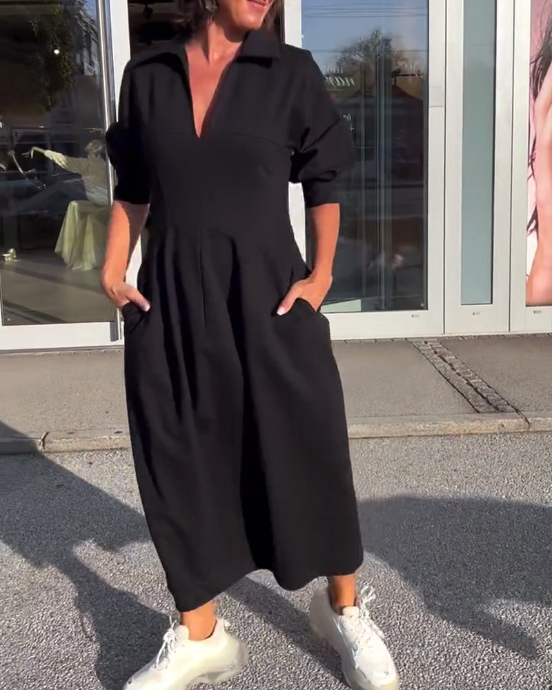 Collared V-Neck Short Sleeve Pocket Cocoon Midi Dress