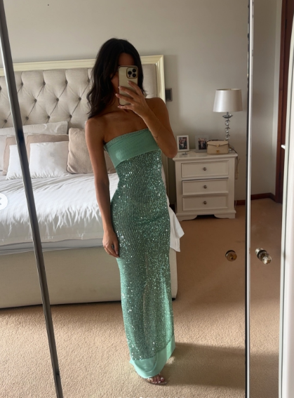 Sparkly Strapless Green Sequin Mermaid Prom Dress Long Party Gown With Ribbon D1032