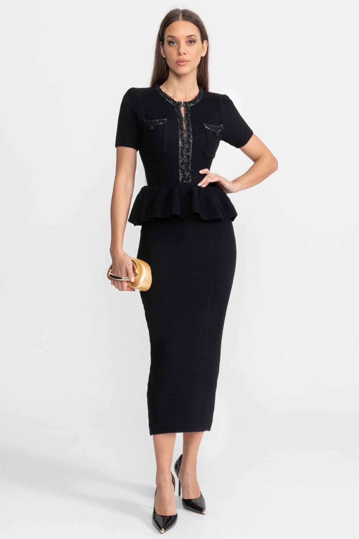 Textured Knit Short Sleeve Embellished Trim Peplum Waist Bodycon Midi Dress