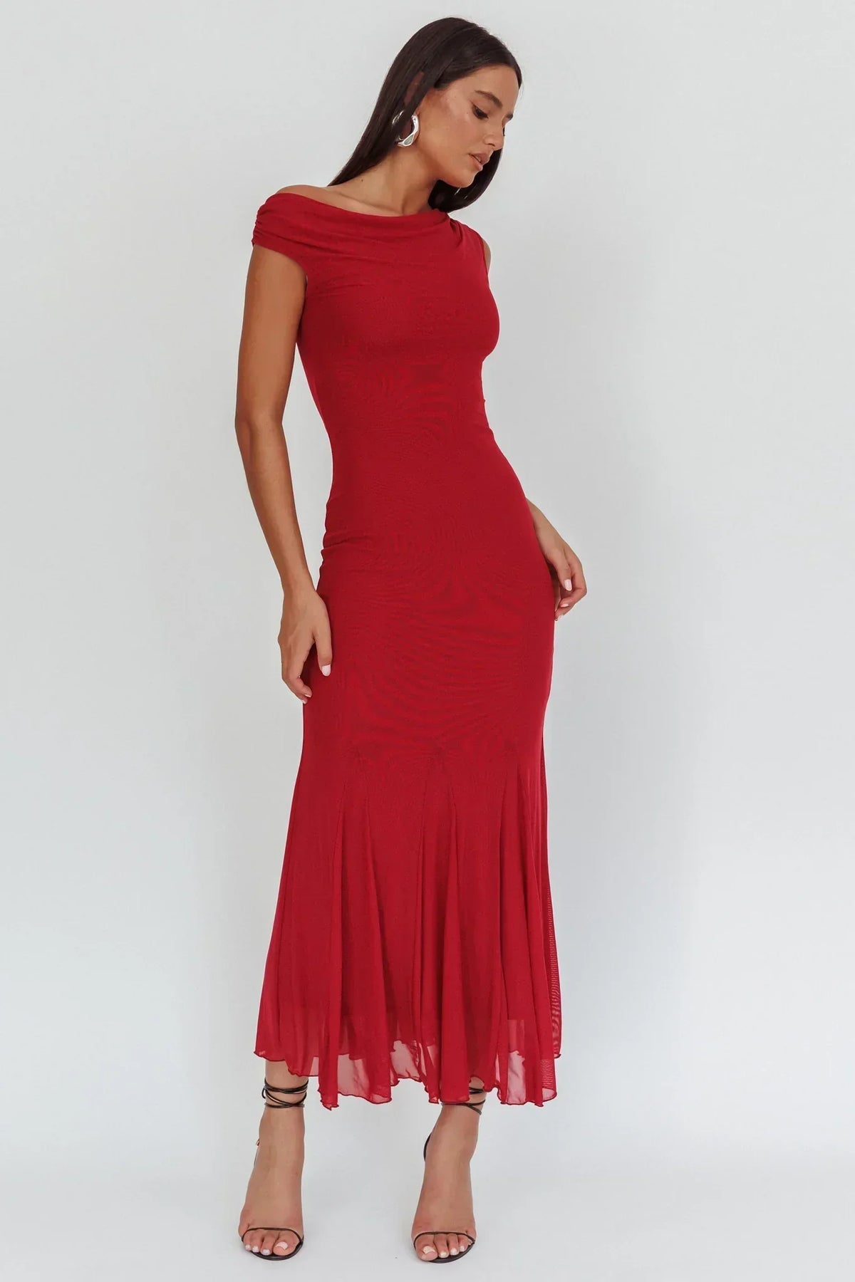 Mesh Asymmetric Off Shoulder Godet Hem Fitted Maxi Dress 4