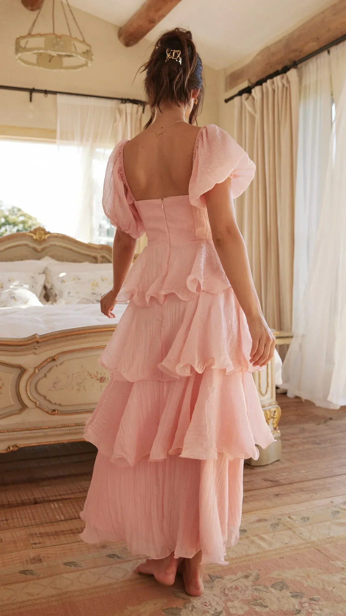 Square Neck Puff Sleeve Tiered Ruffle Maxi Dress 3