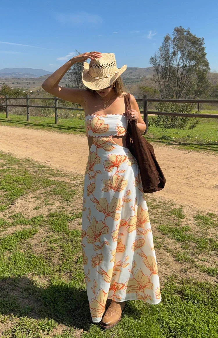 Floral Print Strapless Scalloped Trim Cut Out Waist Maxi Dress 7