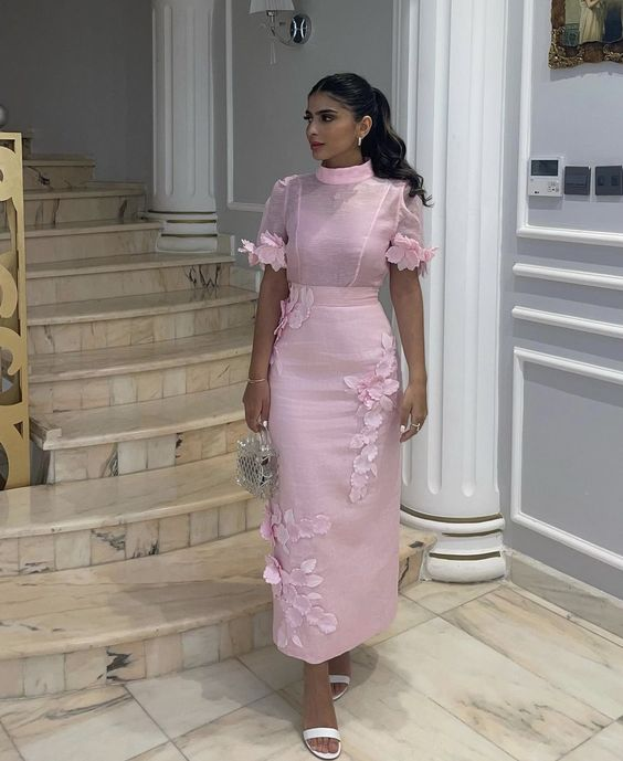 Pink Short Sleeves Sheath Evening Dress,Pink Evening Gown cc1010