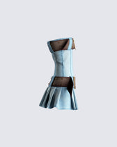 Strapless Buckle Belt Pleated Denim Mini Dress 2