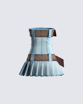 Strapless Buckle Belt Pleated Denim Mini Dress 3