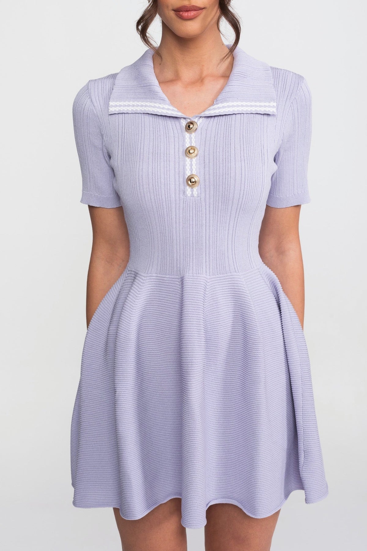Ribbed Knit Polo Collar Short Sleeve Fit and Flare Mini Dress 4