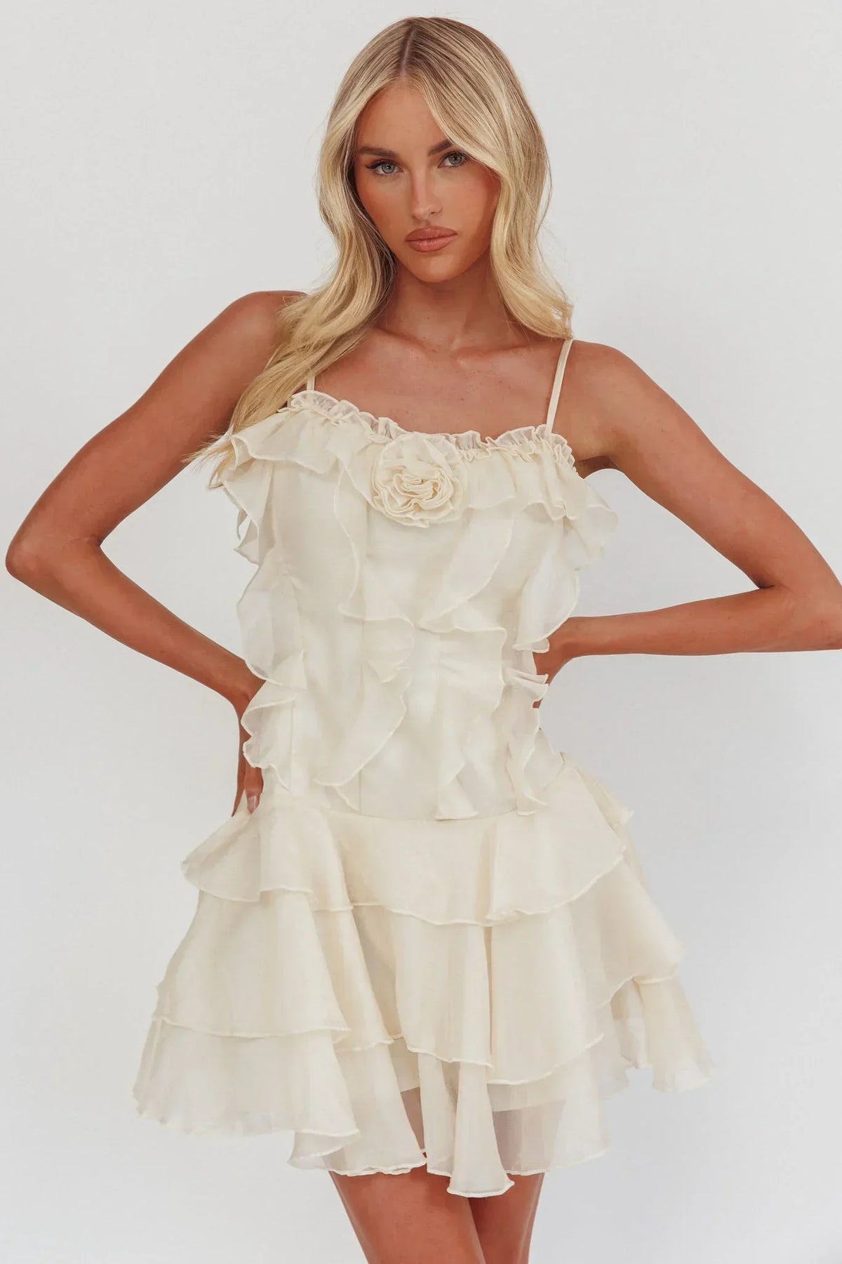 Rosette Ruffle Trim Cami Tiered Chiffon Mini Dress