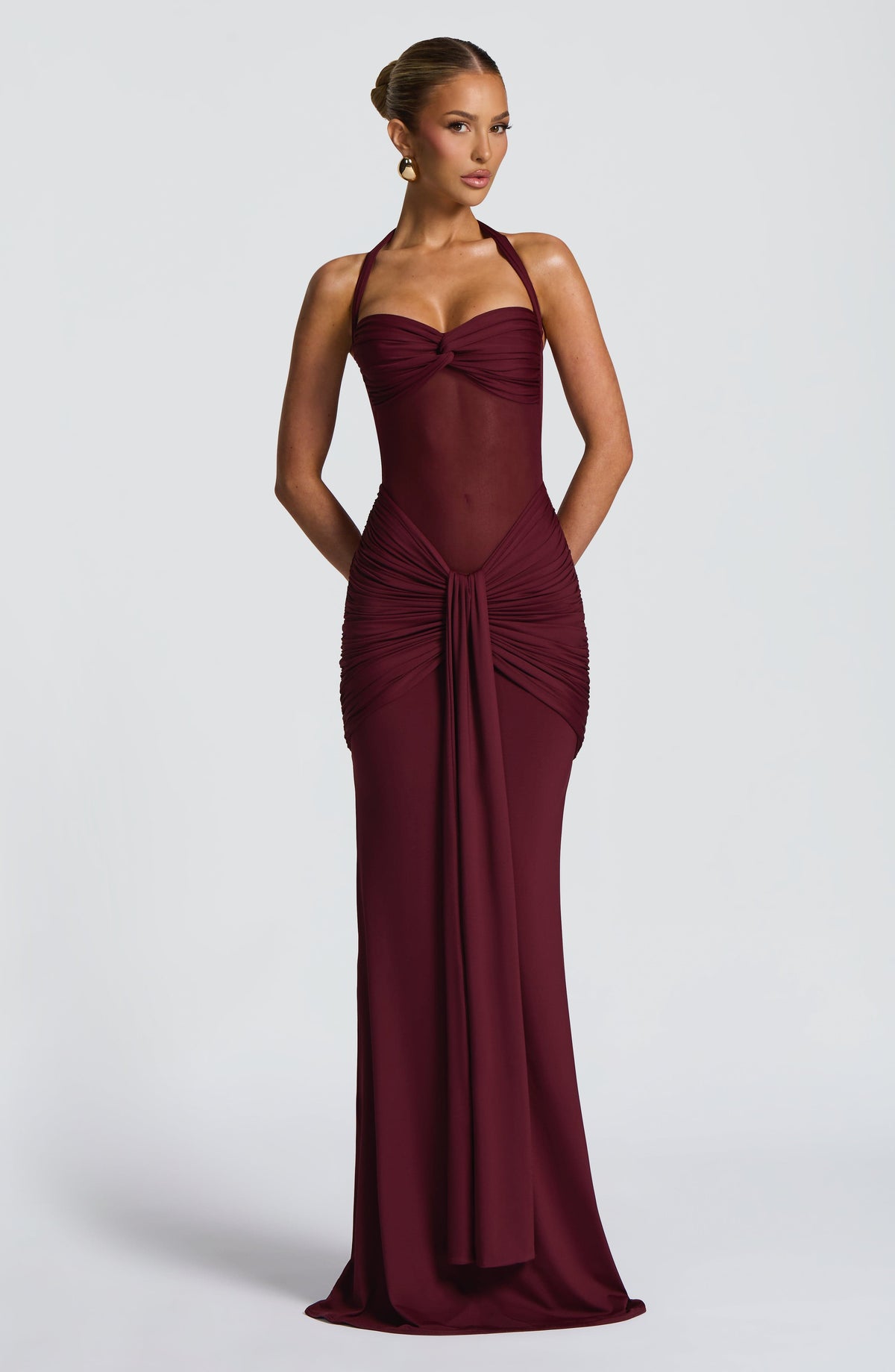 Halter Neck Twist Bust Sheer Mesh Ruched Drape Maxi Gown
