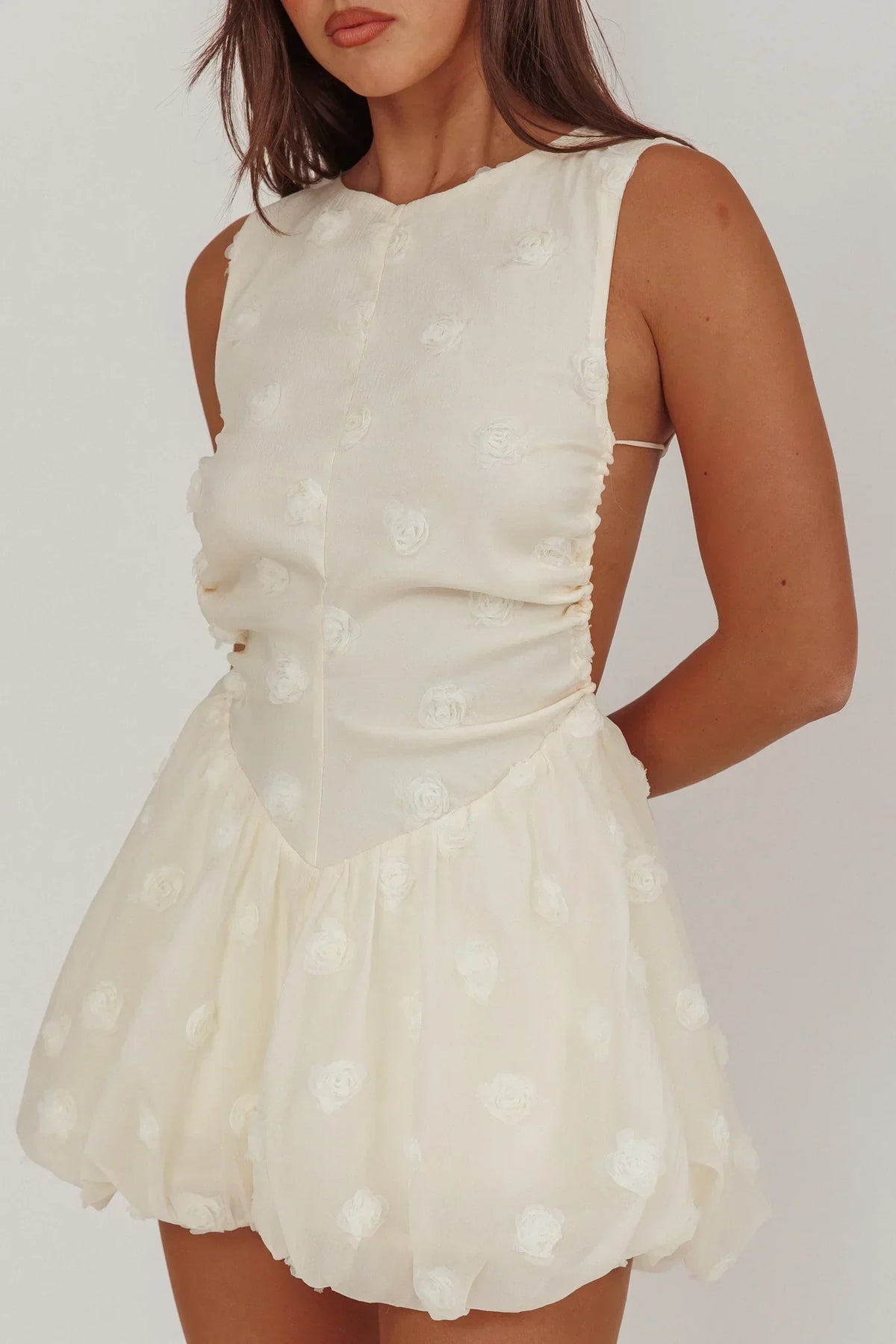 3D Rose Applique Sleeveless Open Back Bubble Hem Mini Dress 3