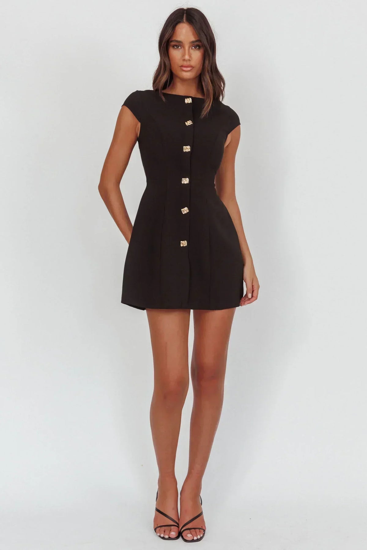 Cap Sleeve Boat Neck Button Front Tulip Mini Dress 4