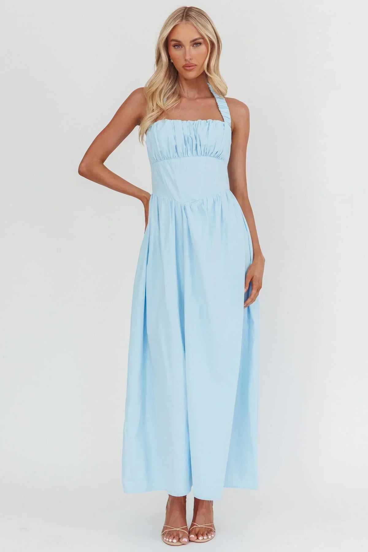 Ruched Bust Halter Neck Corset Waist A-Line Maxi Dress 5