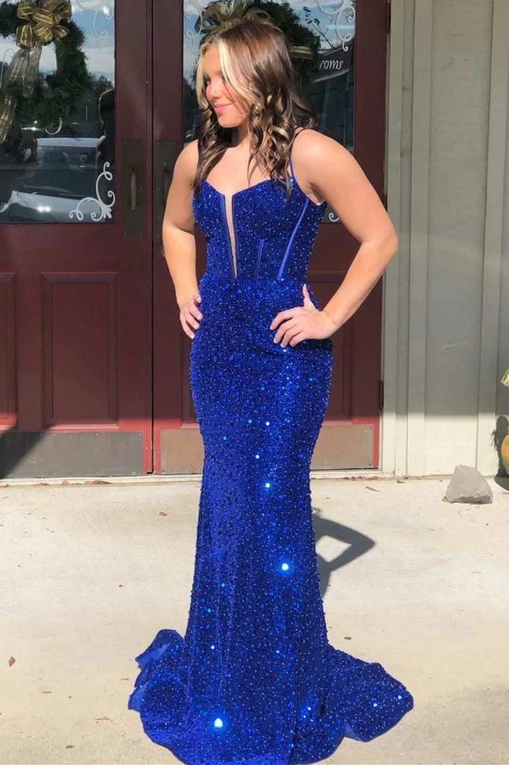Royal Blue Sequin Split Neck Mermaid Long Prom Dress cc782