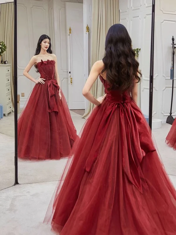 Pretty Burgundy Strapless Tulle Long Prom Dress Party Evening Dress  cc1920