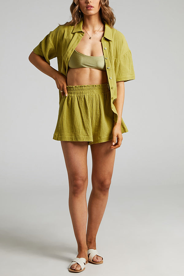 Button Half Sleeve Blouse Short Set