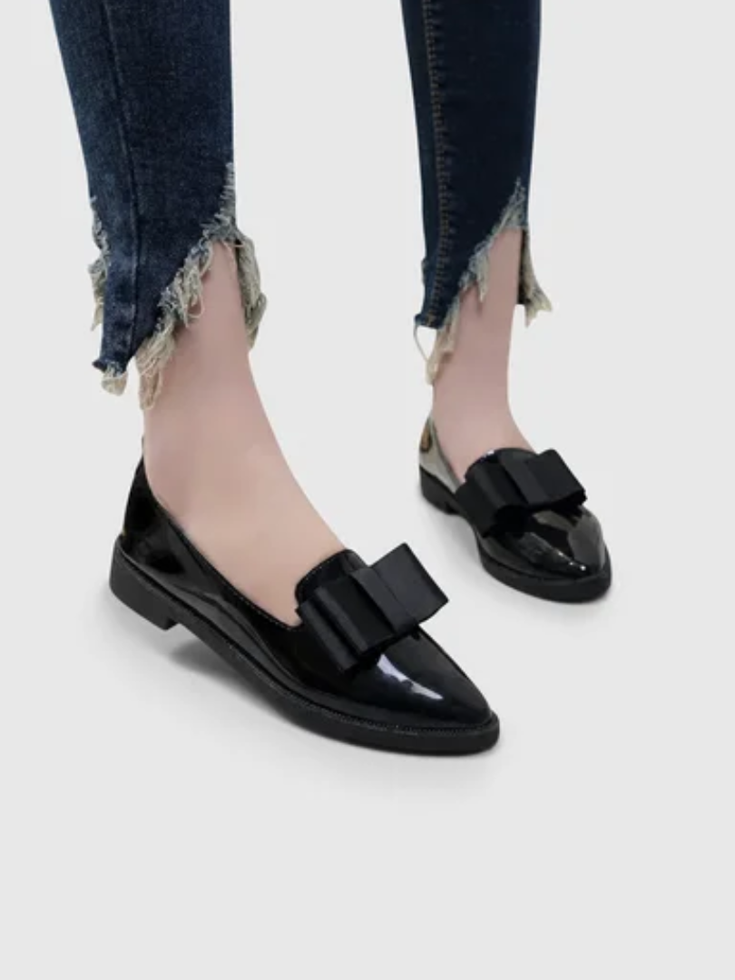 Pointed Toe Bow Patent Flat Loafers