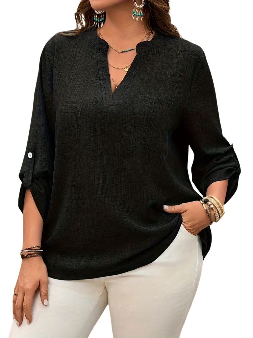 Notch V-Neck Roll Tab Long Sleeve Pocket Top