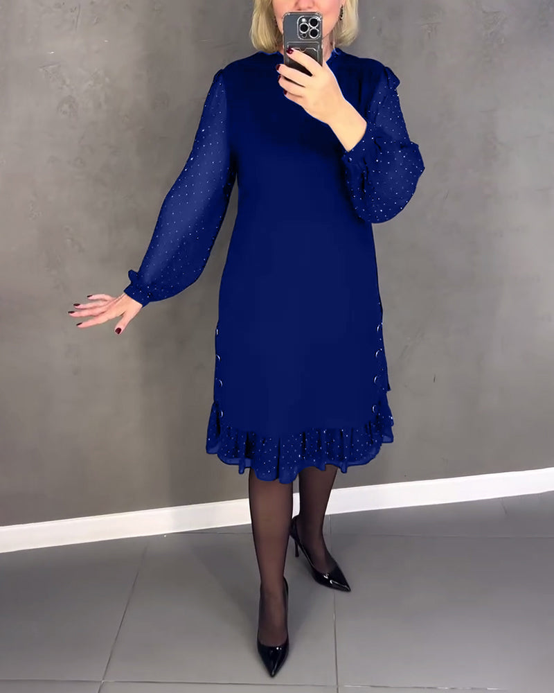 Round Neck Sheer Dot Sleeve Ruffle Hem Shift Midi Dress