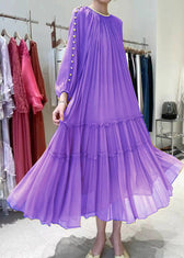 DIY Yellow O-Neck Nail bead Ruffled Silk Dress Long Sleeve 4