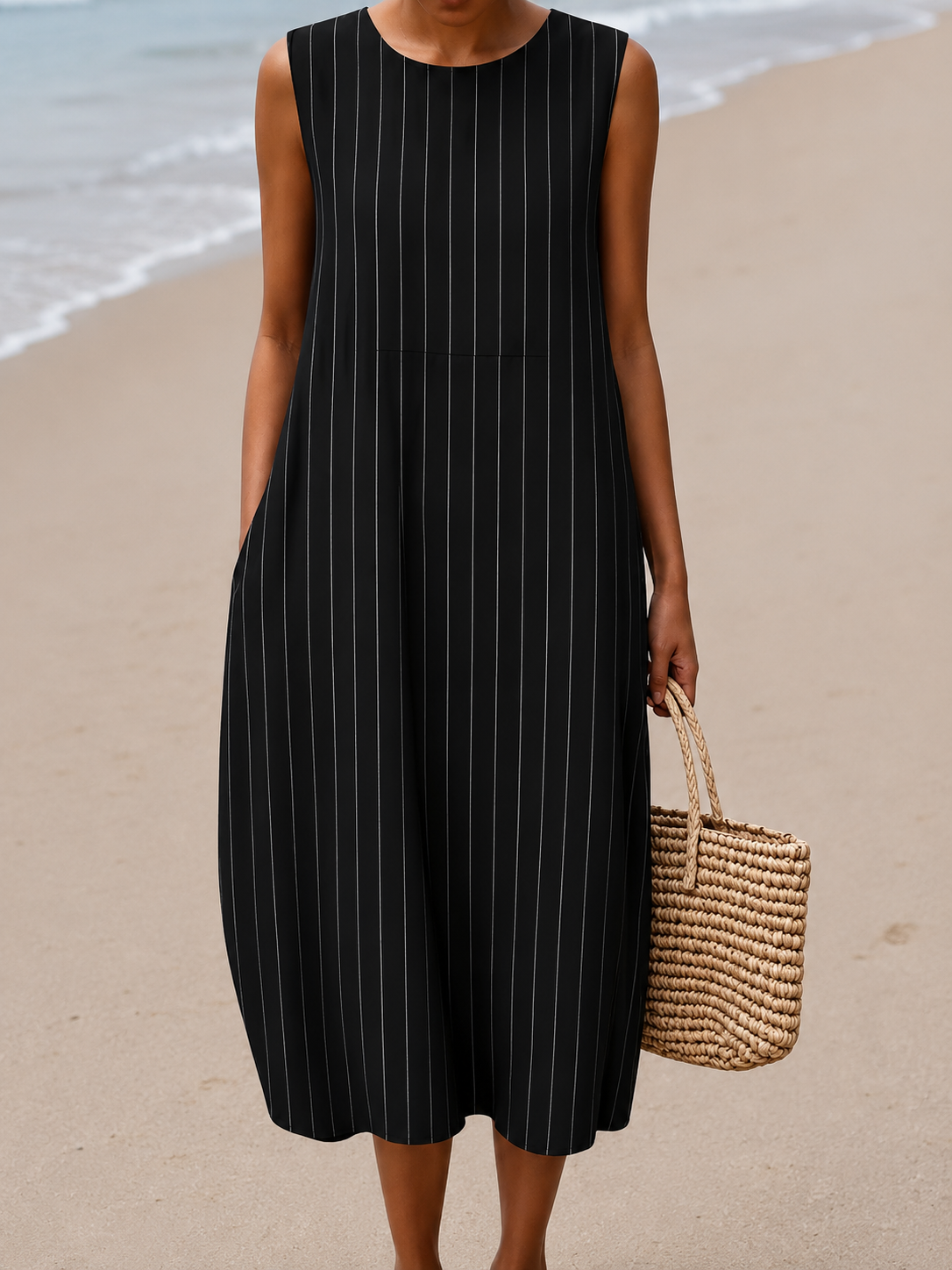 Pinstripe Crew Neck Sleeveless Midi Dress