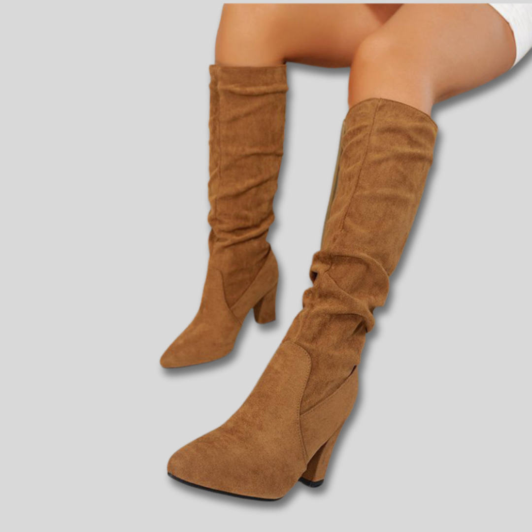 Pointed Toe Suede Look Slouch Block Heel Knee High Boots
