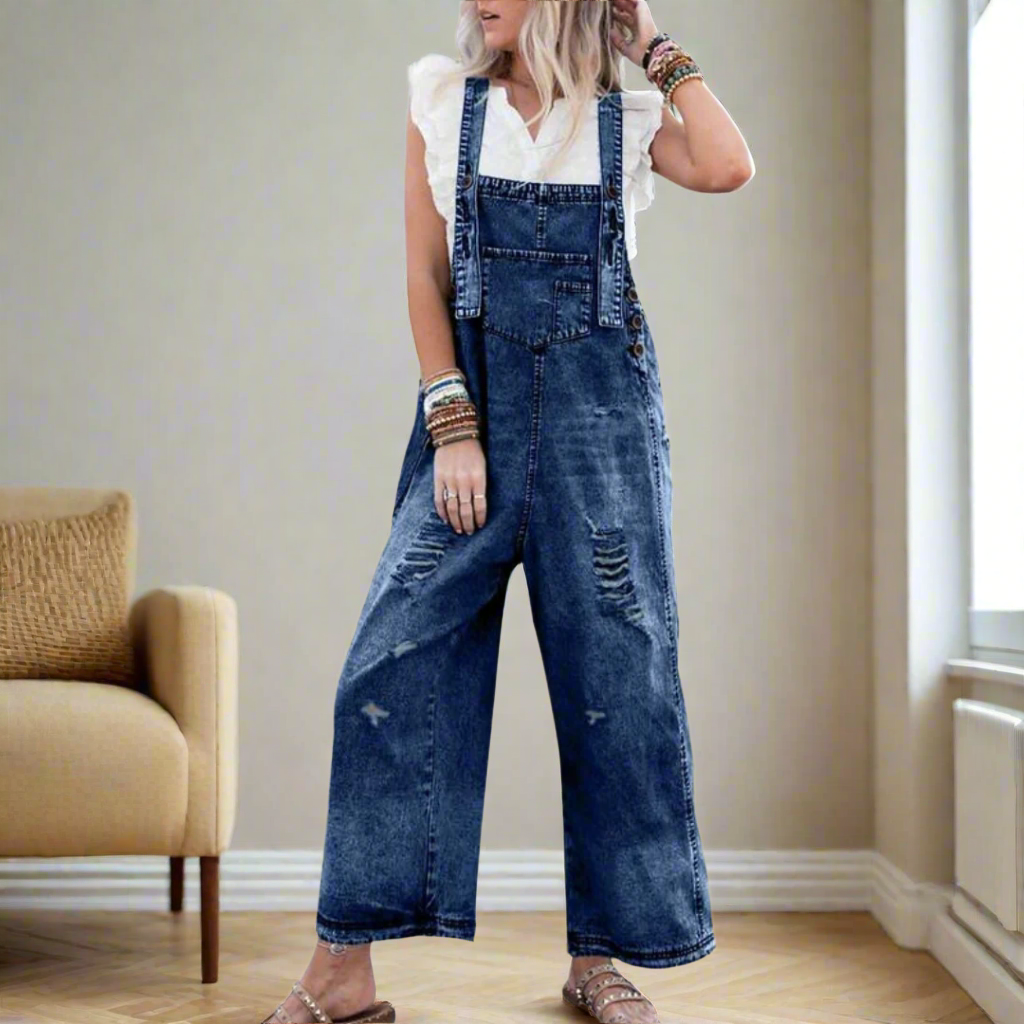 Distressed Denim Wide Leg Overall Jumpsuit