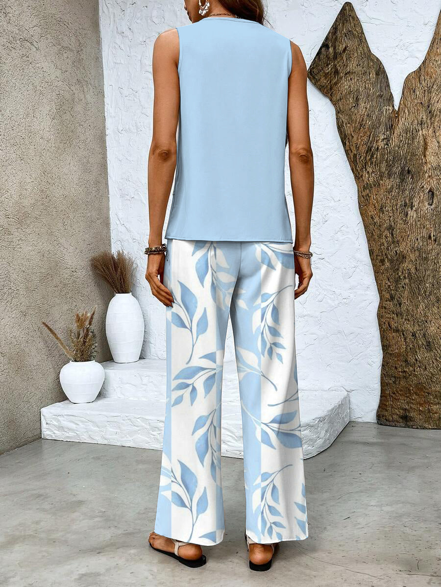 Sleeveless Square Neck Top and Leaf Print Wide Leg Pants Two Piece Set
