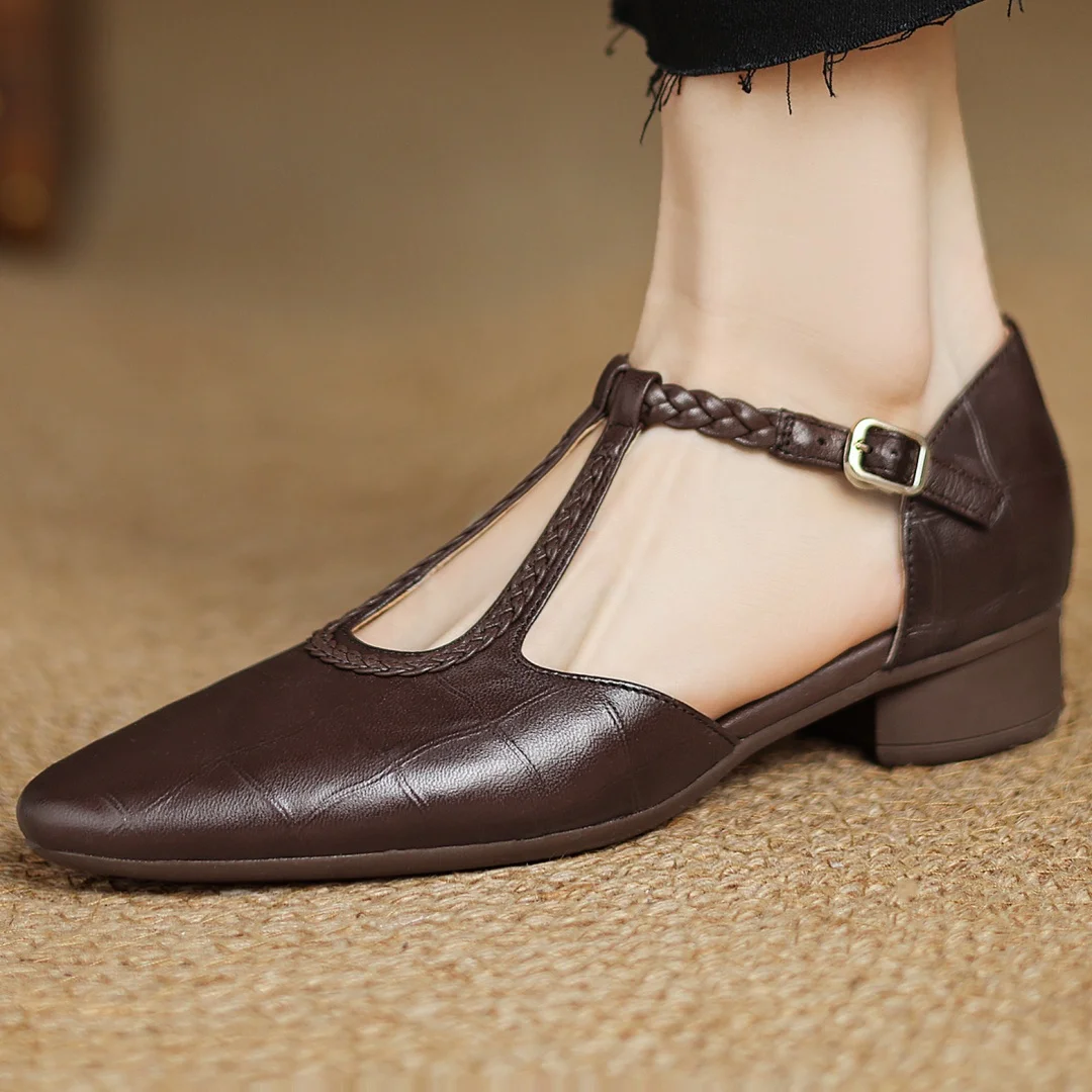 Pointed Toe Braided T-Strap Flats