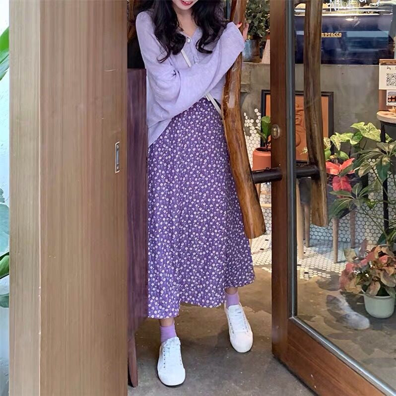 Flowers Pattern A-Line Chiffon Purple Skirts