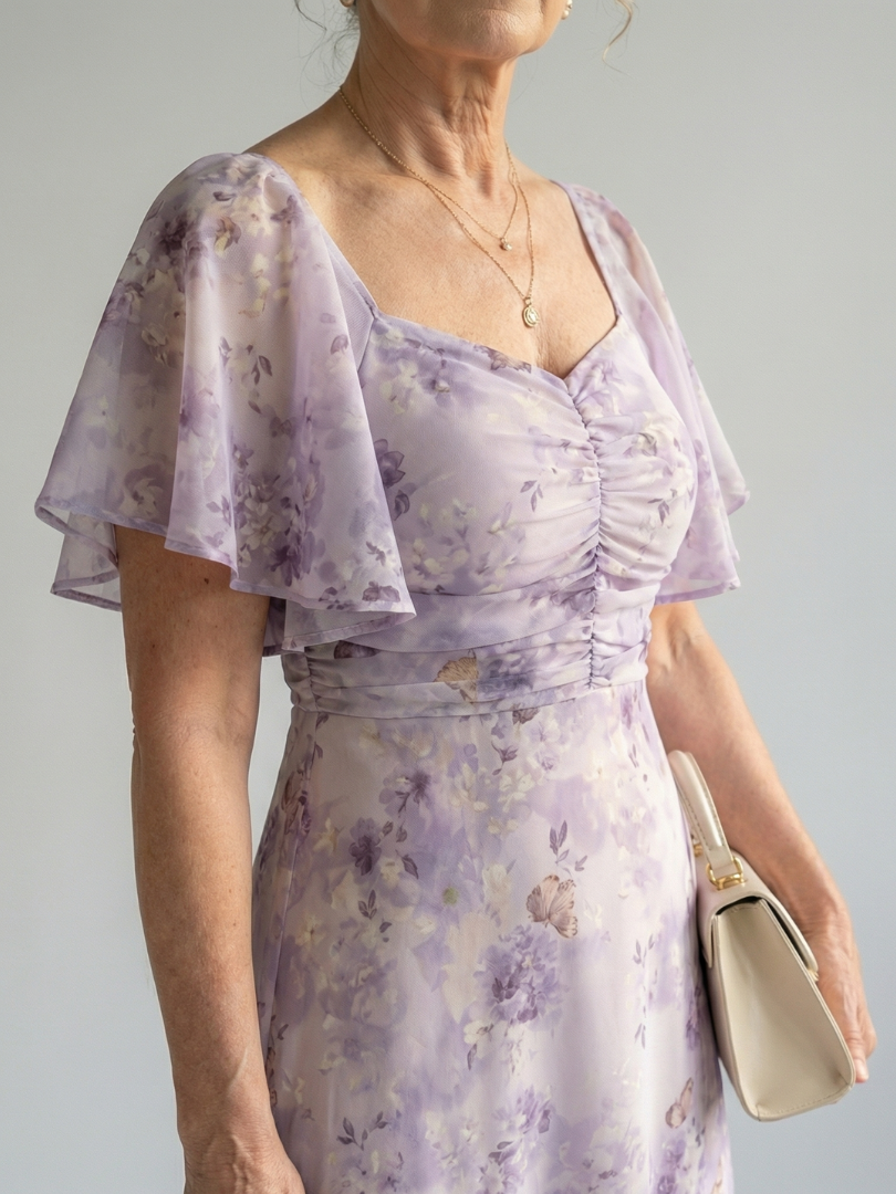 Floral Flutter Sleeve Ruched Sweetheart Maxi Dress