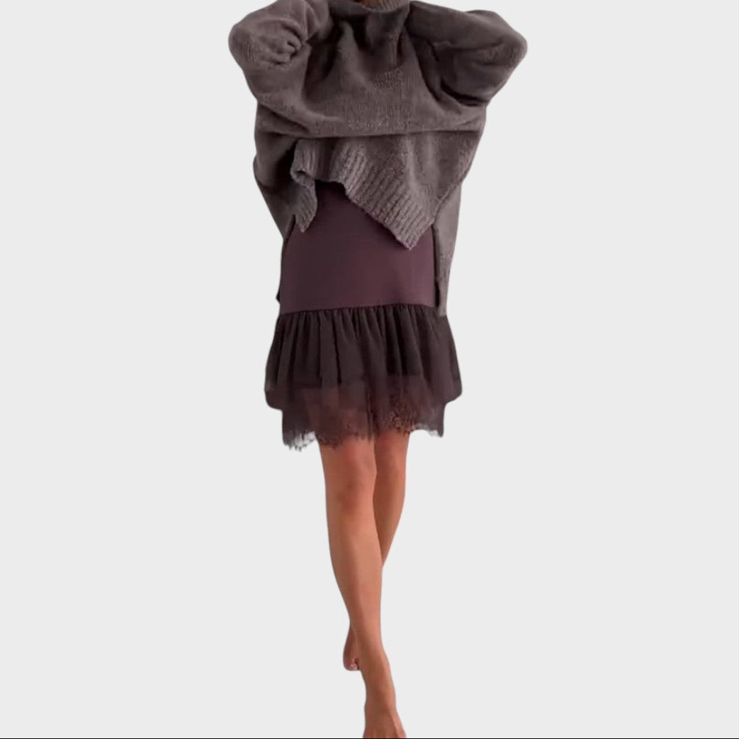 Turtleneck Oversized Sweater and Lace Slip Dress Two Piece Set