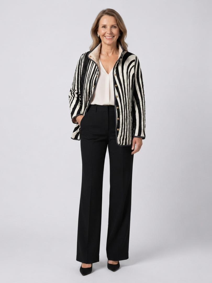 Zebra Stripe Stand Collar Quilted Button Front Jacket
