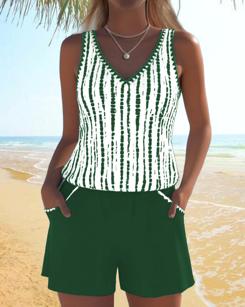 Striped V-Neck Sleeveless Pocket Playsuit