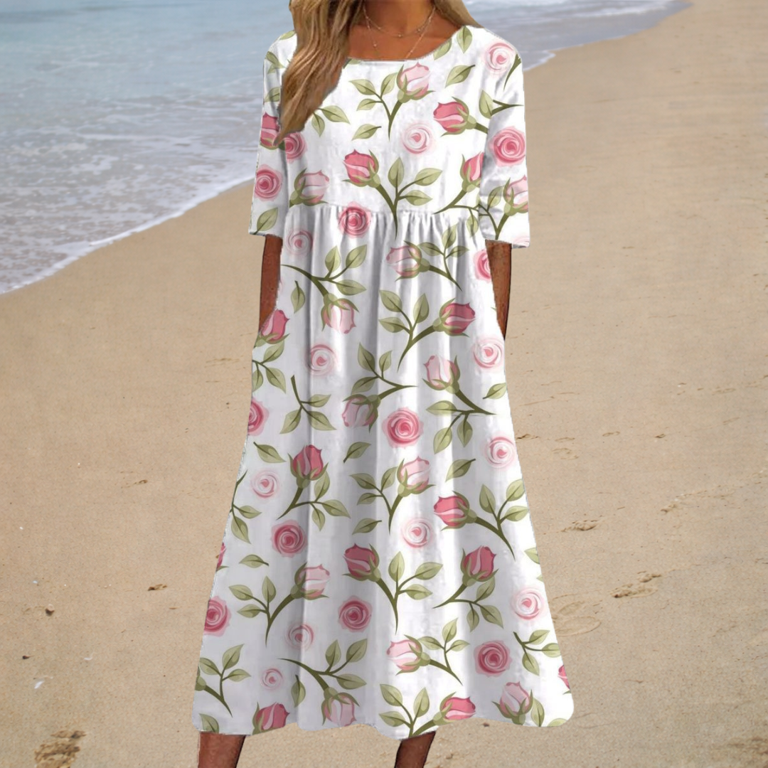 Rose Floral Print Round Neck Half Sleeve Pocket Maxi Dress