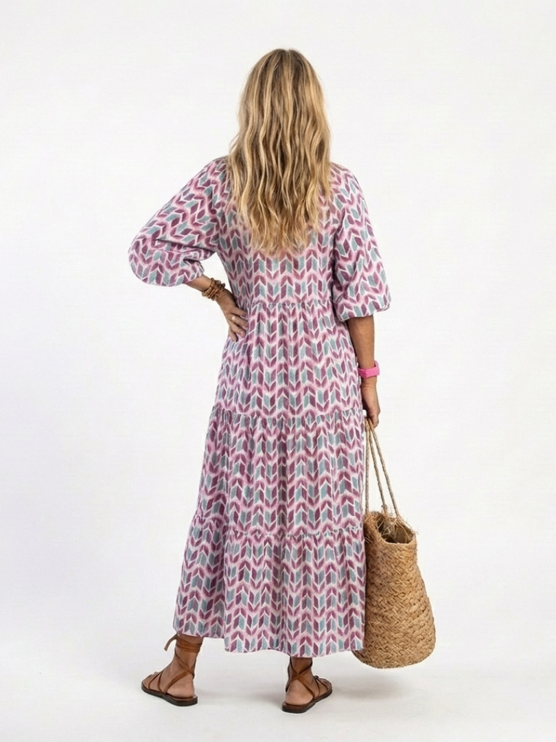 Geometric Print V-Neck Long Sleeve Tiered Maxi Dress