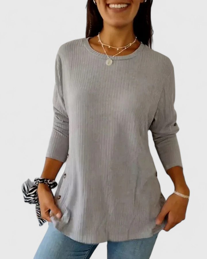 Crew Neck Long Sleeve Ribbed Side Button Top