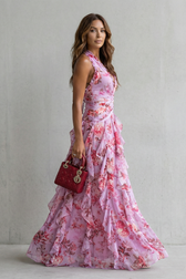Floral Halter Deep V-Neck Ruffle Chiffon Maxi Dress 3