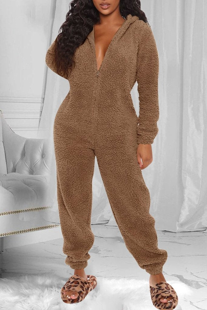 Fuzzy Hoodie Collar Jumpsuit Pajamas