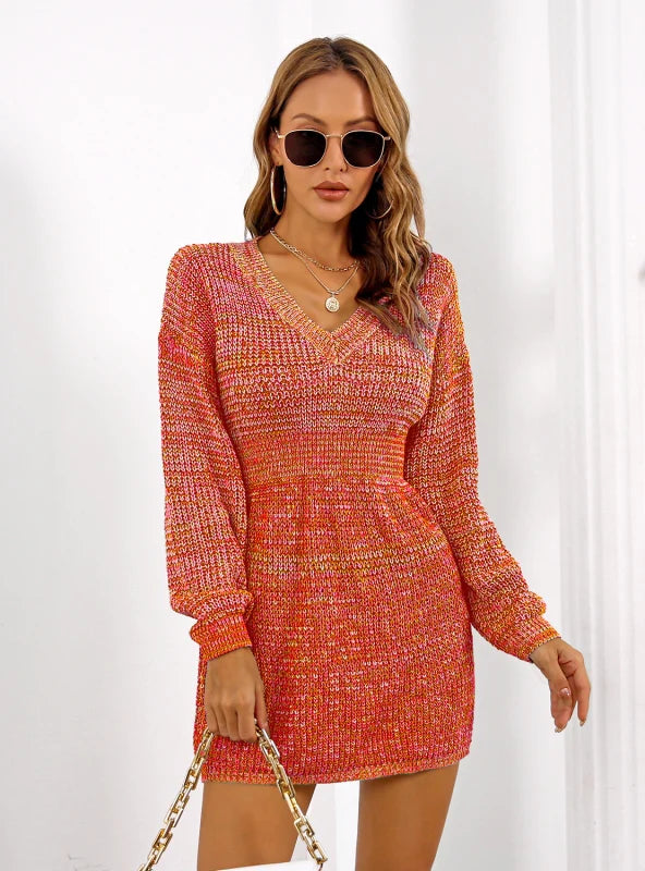 V-Neck Long Sleeve Marled Chunky Knit Mini Sweater Dress 2